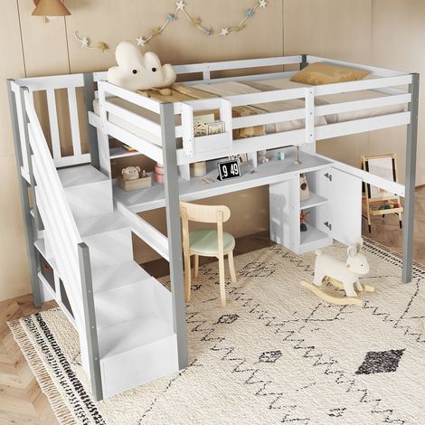 Cama alta 90x200 cm, con escritorio y armarios, arcón de tela, pino + MDF, blanco+gris (colchón no incluido)
