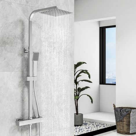 Biubiubath Square Chrome Bathroom Thermostatic Shower Mixer Exposed Valve Twin Head