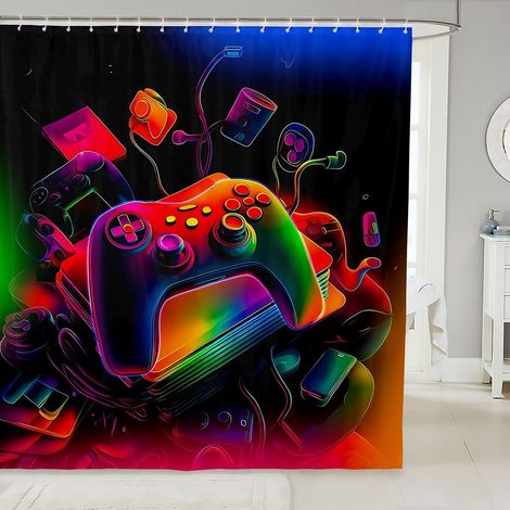 Rideau Douche 180x210cm Gamer Rideaux de Douche Consoles de Jeu Rideau de Baignoire Jeu Moderne Rideaux Salle de Bain Abstrait Vintage - 180L X 210H cm (1 Panneaux) (1/5)