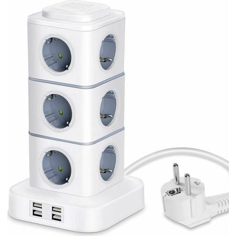 Regleta vertical con 12 tomas de corriente (2500 W / 10 A) y 4 puertos USB, protector contra sobretensiones para el hogar y la oficina, cable de extensión de 3 m, 228 cm. (1/5)