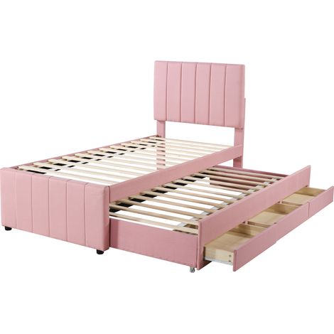 Letto imbottito 90 x 200 cm con letto estraibile e cassetti, rosa (1/5)