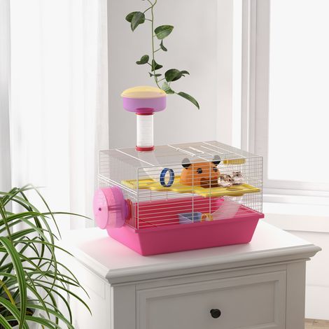 Cage à hamster rat rongeur multicolore avec plateforme. biberon eau. roue. maisonnette. 34 x 27 x 25 cm. rose