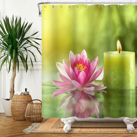 140x183cm Zen Spa Rideau de Douche Rose Lotus Fleur Aromatique Bougies Vert Rideau de Bain Eau Thérapie Méditation Floral Rideau de Baignoire pour Salle Bains Polyester avec Crochets (1/5)