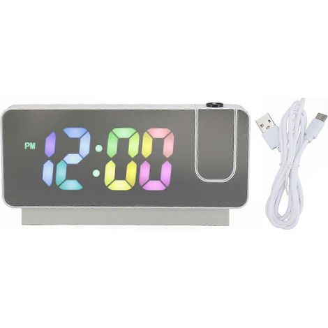 Réveil à projection LED, luminosité réglable, affichage couleur, fonction snooze, réveil miroir numérique rechargeable. (1/5)