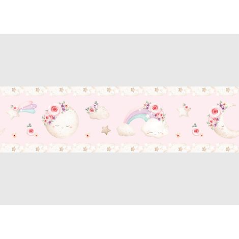 Frise auto-collante au fond rose avec un lune en aquarelle pour enfant