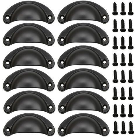 QORVA-12Pcs - Noir Poignée de Coquille Vintage pour Tiroir Armoire Meuble Cuisine, Fer Incurvé Poignée de Tiroir Coquille 8.2 x 3.5 cm, Poignée de Meuble Vintage avec Vis (1/5)