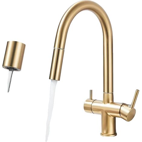 Rubinetto da cucina con doccetta estraibile, doppia maniglia, finitura oro spazzolato. (1/2)