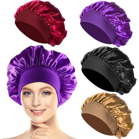 Set mit 4 feinen Satin-Nachthauben zum Schutz von langem und lockigem Haar. (1/5)