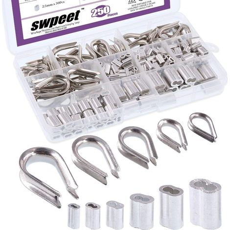 Lot de 250 cosses de câble en acier inoxydable 304 et 6 tailles de manchons à sertir en aluminium, parfaits pour les câbles métalliques de 0,3 cm à 1,6 cm de diamètre (1/5)