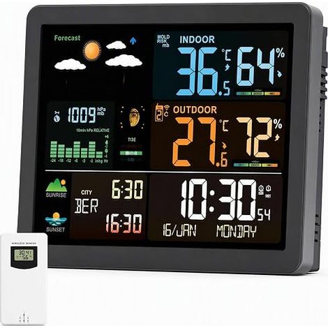 Station Météo Sans Fil Intérieur Extérieur Écran Couleur LCD Horloge DCF (1/5)