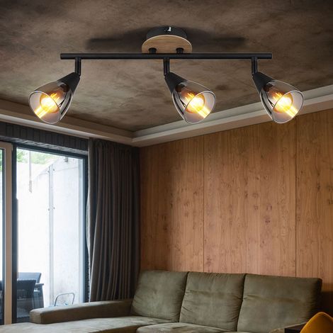 Plafoniera, lampada da soffitto, faretto da soffitto, lampada soggiorno, luce camera da letto, lampada corridoio, metallo, legno, vetro, nero, marrone, color fumo, 3 lampadine, faretti mobili E14, L 4