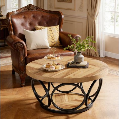 Mesa baja redonda 80 cm de 2 niveles de almacenaje, madera y metal, marrón y negro, DESVIAE (1/5)