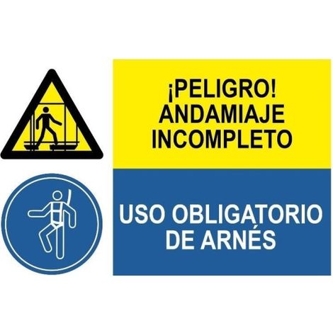 Señal combinada Peligro andamiaje completo, Uso obligatorio de arnés SEKURECO                 Adhesivo vinilo