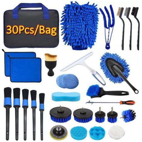 Kit Nettoyage Voiture, 30 Pcs Kit de Brosse Nettoyage Voiture pour l'intérieur et l'extérieur, Kit de Lavage de Voiture Inclure Brosses, Éponges de Polissage, Sac de Transport Pratique Inclus