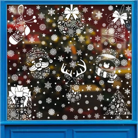 Autocollants de Noël, flocons de neige blancs, cadeaux, sapin du Père Noël, autocollants pour fenêtres, bonhomme de neige, chaussettes de Noël, rennes, décorations de fenêtres, autocollants statiques.