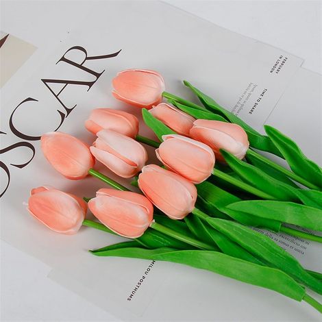 Bouquet de 10 mini tulipes artificielles au toucher réaliste pour la décoration intérieure (Couleur : Champagne, Taille : 35 cm)-AquaForge (1/5)