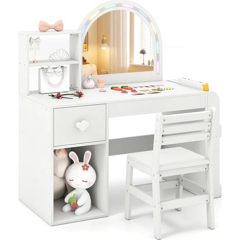 Table de maquillage enfant blanche avec miroir lumineux et chaise, tiroir et étagères pour chambre d'enfant et salle de jeux (1/5)