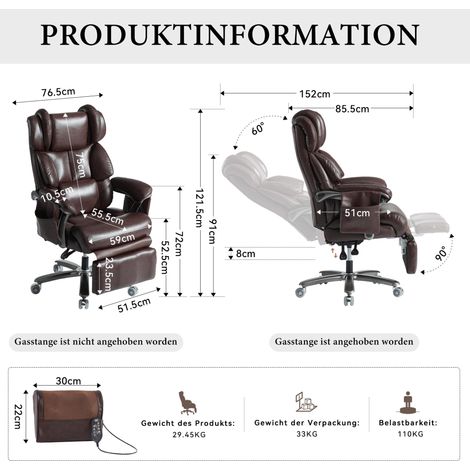 Silla de oficina ergonómica XXL con masaje y calor, PU marrón, reposapiés, giratoria (1/3)