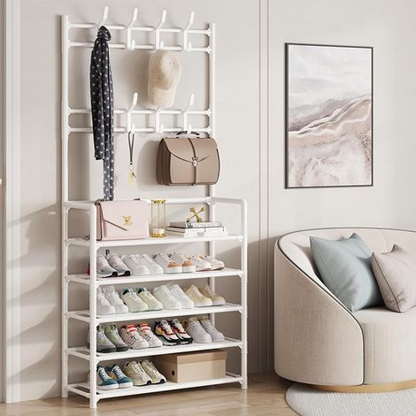 Trade Shop - Schuhregal, Bodenhutständer, Home-Garderobe, 3-in-1-Schuhbank mit 8 Haken -      Weiß