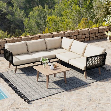 Canapé + table basse tube acier galvanisé tissu oléfine plateau imitation bois corde tressée beige noir jardin