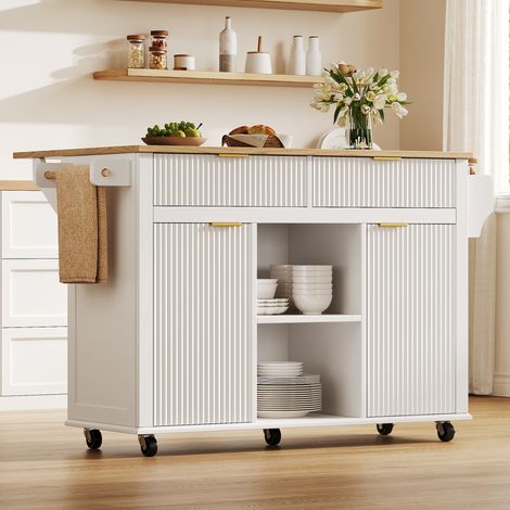 Îlot de cuisine sur roulettes en MDF blanc avec plateau rabattable 143 x 45 cm OKWISH (1/5)