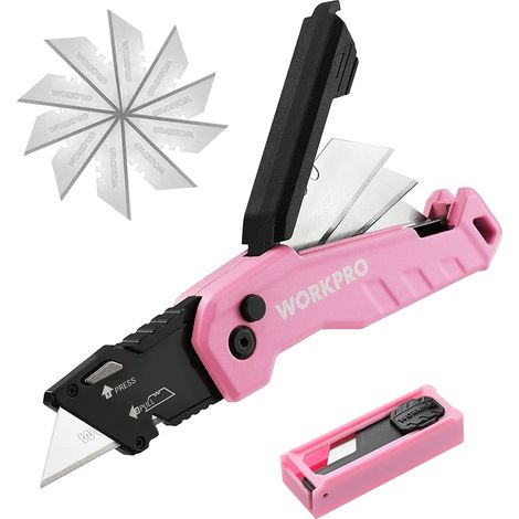 WORKPRO Cutter Professionnel Pliant, Cutter Utilitaire avec Mécanisme de Changement Rapide & Verrouillage de Boutton, Cutter Rose avec 13 Lames SK5 Supplémentaires, Idéal pour Coupe (1/5)