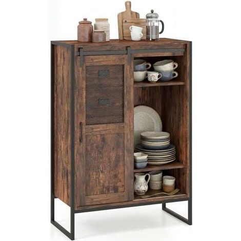 Buffet rustique marron en métal avec porte coulissante, 5 tiroirs et étagères réglables pour salle de bains, salon et cuisine (1/5)