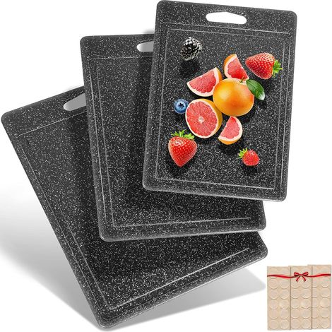 Lot de 3 planches à découper aspect granit, autocollant 100 % antidérapant et fente à jus, sans BPA, avec poignée, planche à découper en plastique antibactérien, passe au lave-vaisselle. (1/5)
