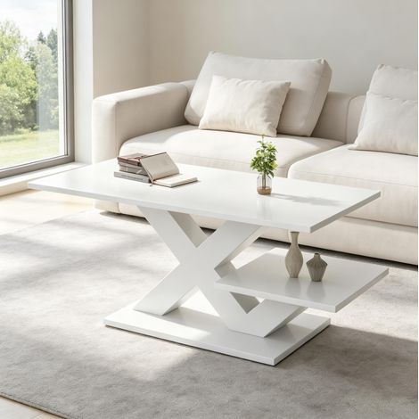 Couchtisch , Rechteck in Weiß , Doppelte Arbeitsplatte,Insgesamt hoher Glanz, Beistelltisch,Sofatisch,Wohnzimmertisch aus MDF, X-förmige geometrische Tischbeine,bis 10 kg belastbar,100x48x45cm (1/5)