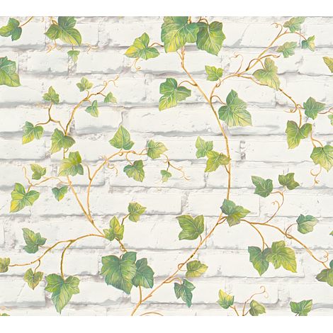 Empapelado aspecto piedra azulejos Profhome 319421 papel pintado no tejido liso con ornamentos florales mate verde blanco 5,33 m2