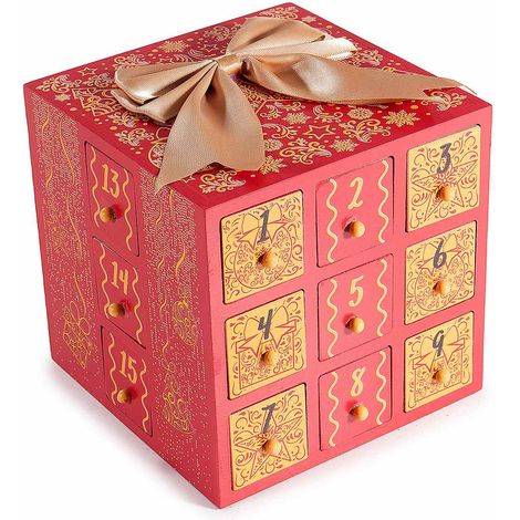 Calendari dell'avvento a forma di pacchetto regalo di Natale con fiocco, realizzato in legno, cm 14,5 x 14,5 x 13,5 H