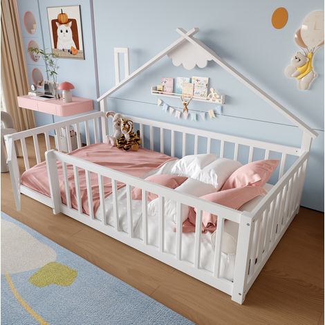 Lit enfant 90/190 cm blanc en bois de pin avec barrière verrouillable (1/5)