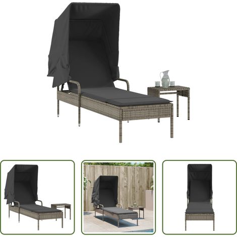 Bain de soleil avec auvent - Chaise longue avec auvent et table gris résine tressée (1/5)