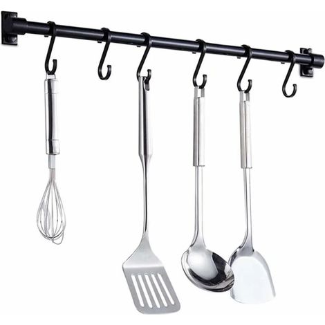 Barre murale pour ustensiles de cuisine 40 cm, étagère de cuisine avec 6 crochets amovibles, étagère murale pour ranger les ustensiles de cuisine (noir) (1/5)