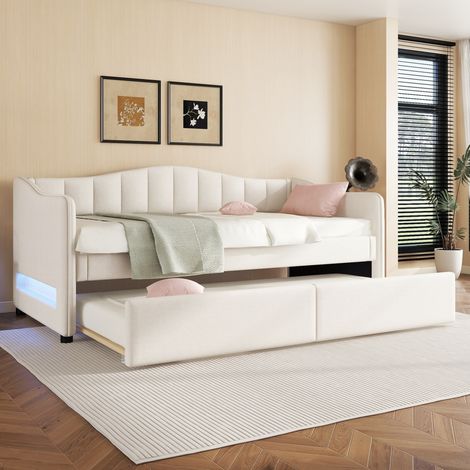 Cama nido de lino beige 90x200 cm con cama extraíble, LED en cabecero y somier de láminas (1/5)