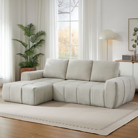 Canapé d'angle en velours côtelé beige, design capitonné segmenté, coussins amovibles, sans montage (1/5)