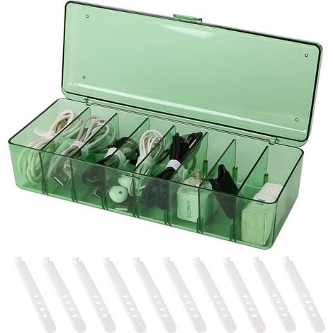 Boîte de rangement de câbles en plastique avec couvercle et 10 attaches de câbles, organisateur de rangement de câbles transparent et portable avec 8 compartiments.. (1/5)