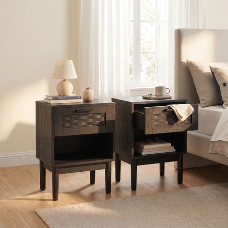 Lot de 2 Tables de chevet, 40x30x55cm, avec Tiroir et Compartiment Ouvert, Bois et Métal, Style Rotin, Noir (1/5)