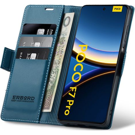 Funda para Xiaomi Poco F7 Pro, tipo cartera con tapa abatible, diseño brillante de lichi, color azul. (1/5)