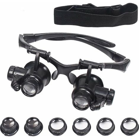 Vergrößerungsglas mit LED-Beleuchtung, LED-Kopfvergrößerung, Präzisionsbrille mit 4 austauschbaren Linsen, zum Lesen, für Schmuckherstellung, Nähen, Heimwerkerprojekte, 10-fache, 15-fache, 20-fache un