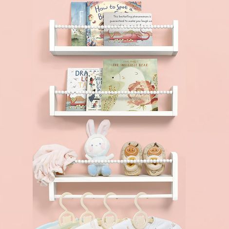 Étagère murale suspendue pour enfants, Bibliothèque 3 niveaux en bois – Avec barre pour serviettes – Idéale pour chambre d’enfant, chambre, cuisine – Dimensions 40 × 15 × 10 cm