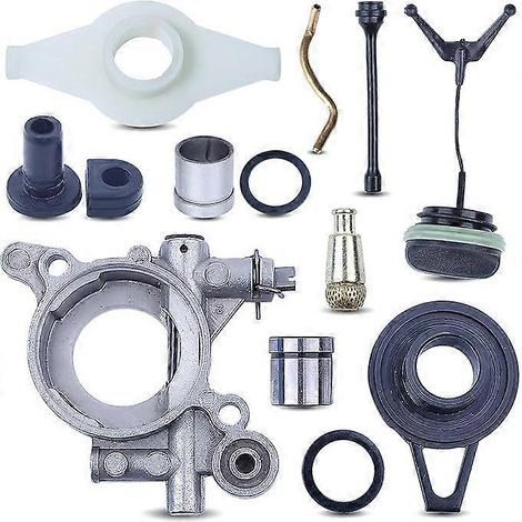 Pompe à huile pour tronçonneuse Husqvarna 362, 365, 371, 372, 385 et 390 - Pièces de rechange 503521305 et 503521301 avec filtre à carburant, tuyau d'huile, bouchons de réservoir et rondelle. (1/5)
