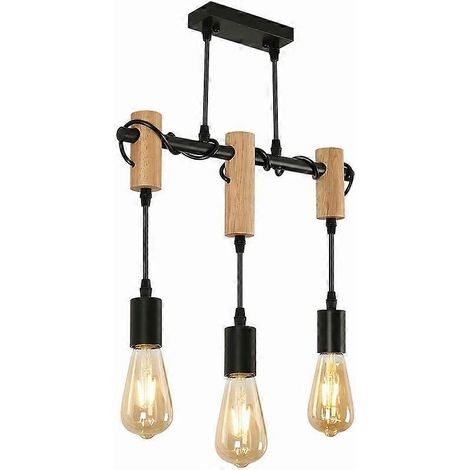 Suspension vintage, plafonnier industriel, lustre en bois réglable pour salle à manger, salon, 3 lumières E27 (ampoule non incluse) (1/4)
