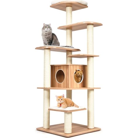 Goplus – Arbre à chat 175 cm en bois – 6 niveaux avec plateformes et coussins confortables – Poteaux en sisal – Conception anti-bascule