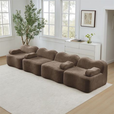 Canapé Modulaire 4 Places au Design Ondulé - 384x98x70cm - Mousse 32D Haute Densité et Assise Profonde en Velours - Marron (1/5)