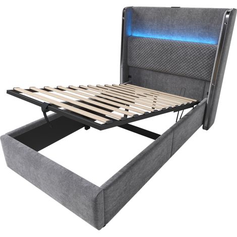 Lit coffre hydraulique 90x200 cm avec matelas, tête de lit haute, LED, USB Type-C, gris effet lin (1/5)