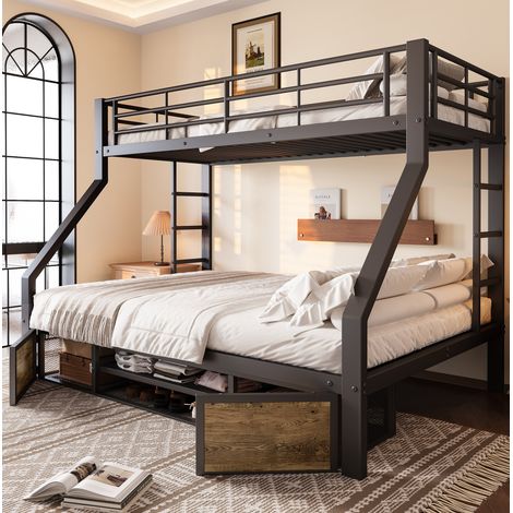 Cama litera infantil 90x200/140x200 cm de metal negro con almacenaje FloraGrace (1/5)