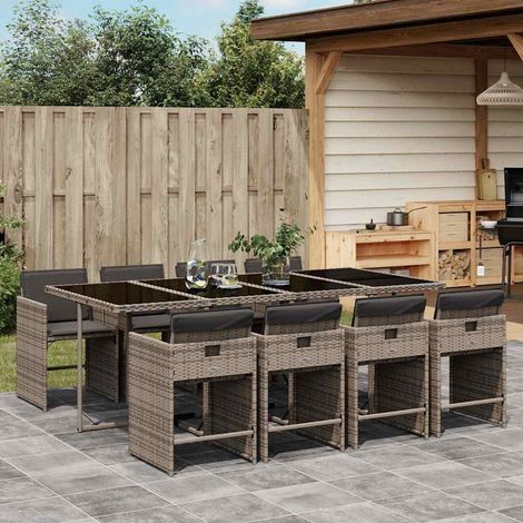Ensemble repas jardin 9 pièces en résine tressée gris avec table 220 x 106 cm et coussins - PANGIVO (1/5)