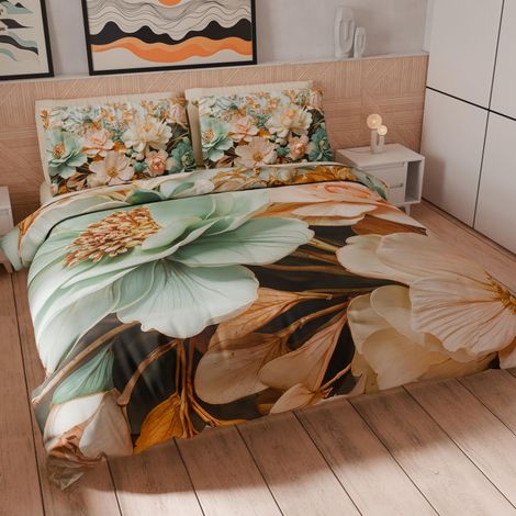 Housse de Couette 1 Place 135x200 cm 1 Taie 75x50 cm Incluse, Parure en Microfibre Imprimée Floral 05 9 (1/5)