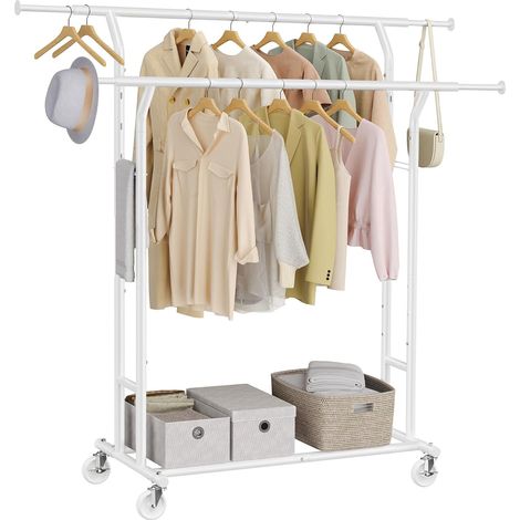 Portant à Vêtements, Porte-Vêtements, Porte-Manteau pour Écharpes avec 4 roulettes, Hauteur et Longueur Réglables, Blanc Mat (1/5)